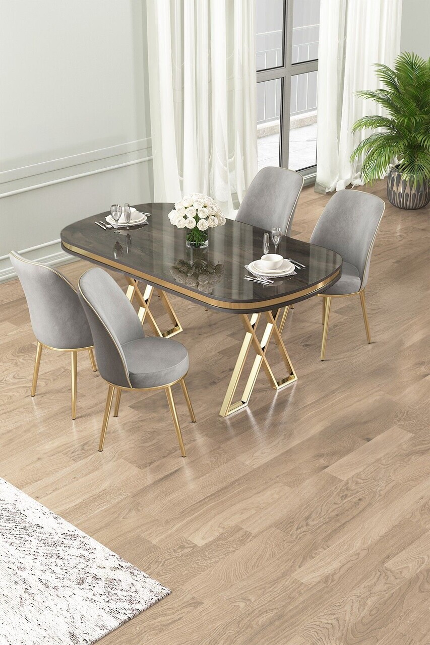 Set masa si scaune (5 piese), Hanah Home, Lai, Antracit / Auriu / Gri