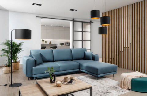 Coltar extensibil dreapta 4 locuri ELTAP, RT-100VE, Dalia, 289x190x95 cm, lemn/poliester, albastru deschis