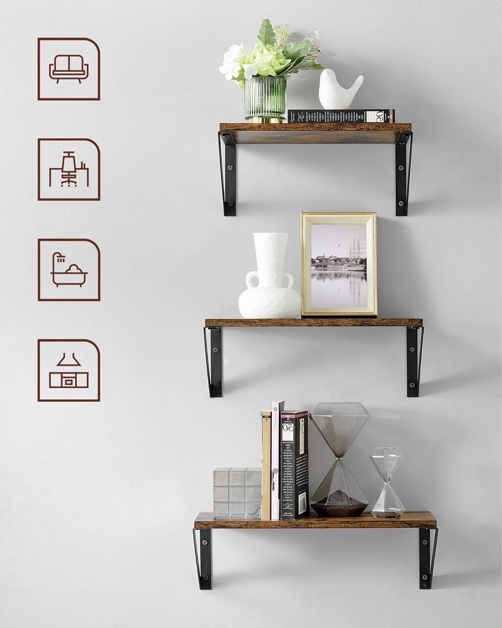Set 3 rafturi de perete, Vasagle, 30 cm / 35 cm / 40 cm, PAL/otel, maro rustic - 1 | YEO
