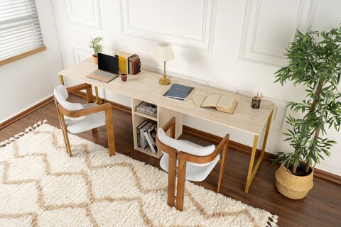 Birou, Nordure, Twin Study Desk, 240x74x60 cm, Travertin / Auriu
