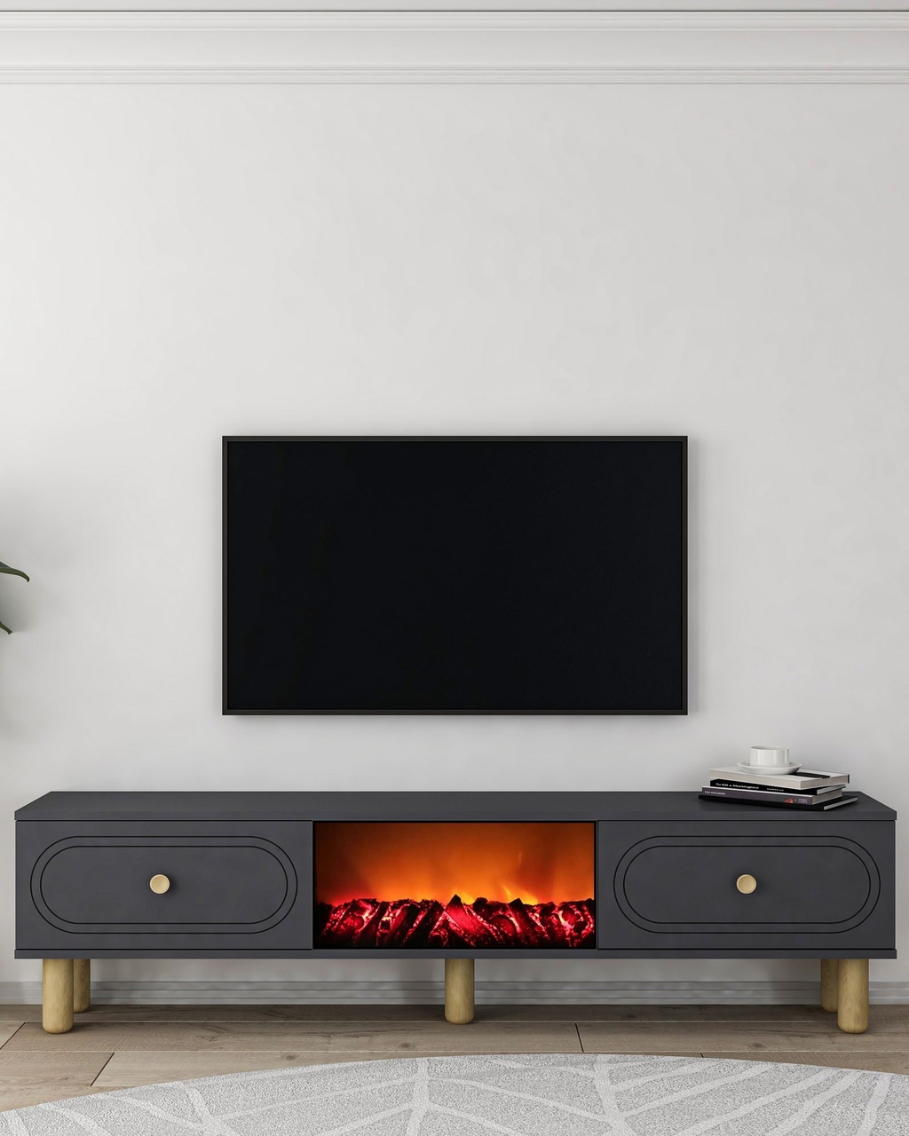 Comoda TV, Hanah Home, Polen Bohem Fireplace, 150x44.6x29.6 cm, PAL , Antracit