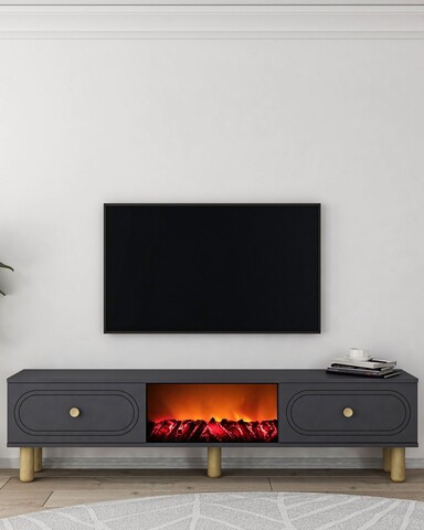 Comoda TV, Hanah Home, Polen Bohem Fireplace, 150x44.6x29.6 cm, PAL , Antracit