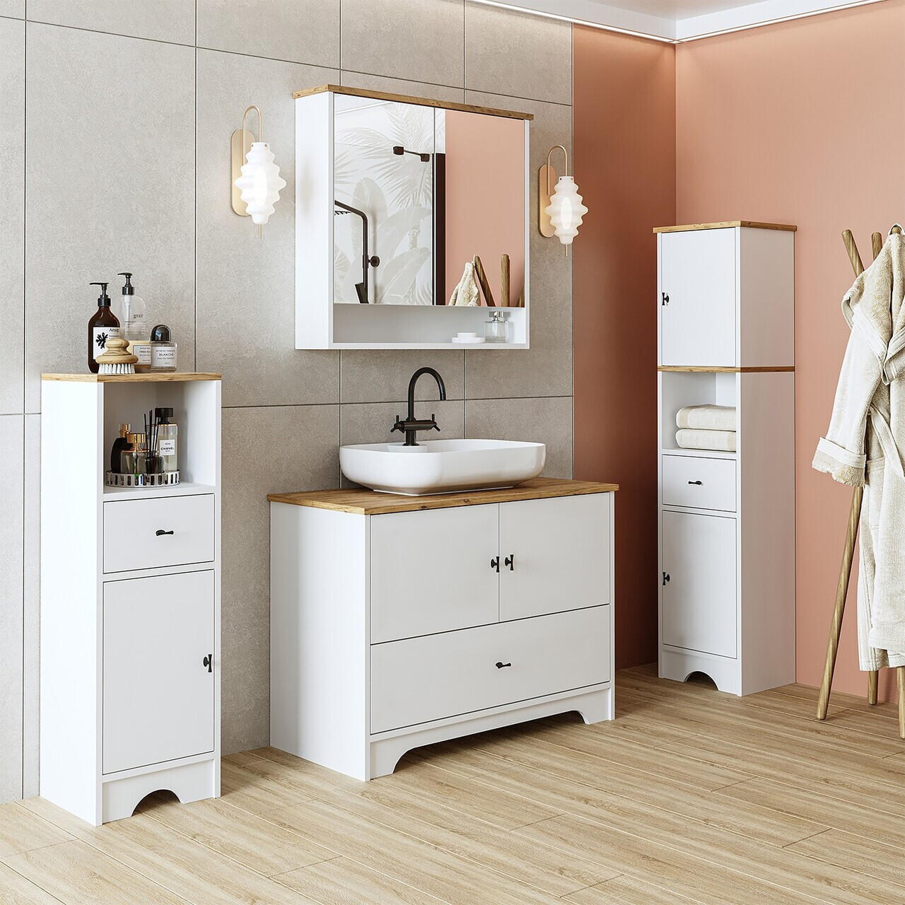 Set Dulap de Baie cu Chiuvetă și Oglindă (4 Piese), Hanah Home, 2398, MDF-LAM, Alb mat