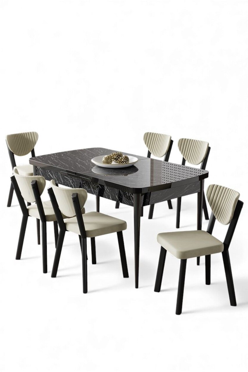 Set masa extensibila si scaune, Hanah Home, Exve, Marmură neagră / Crem - view 2