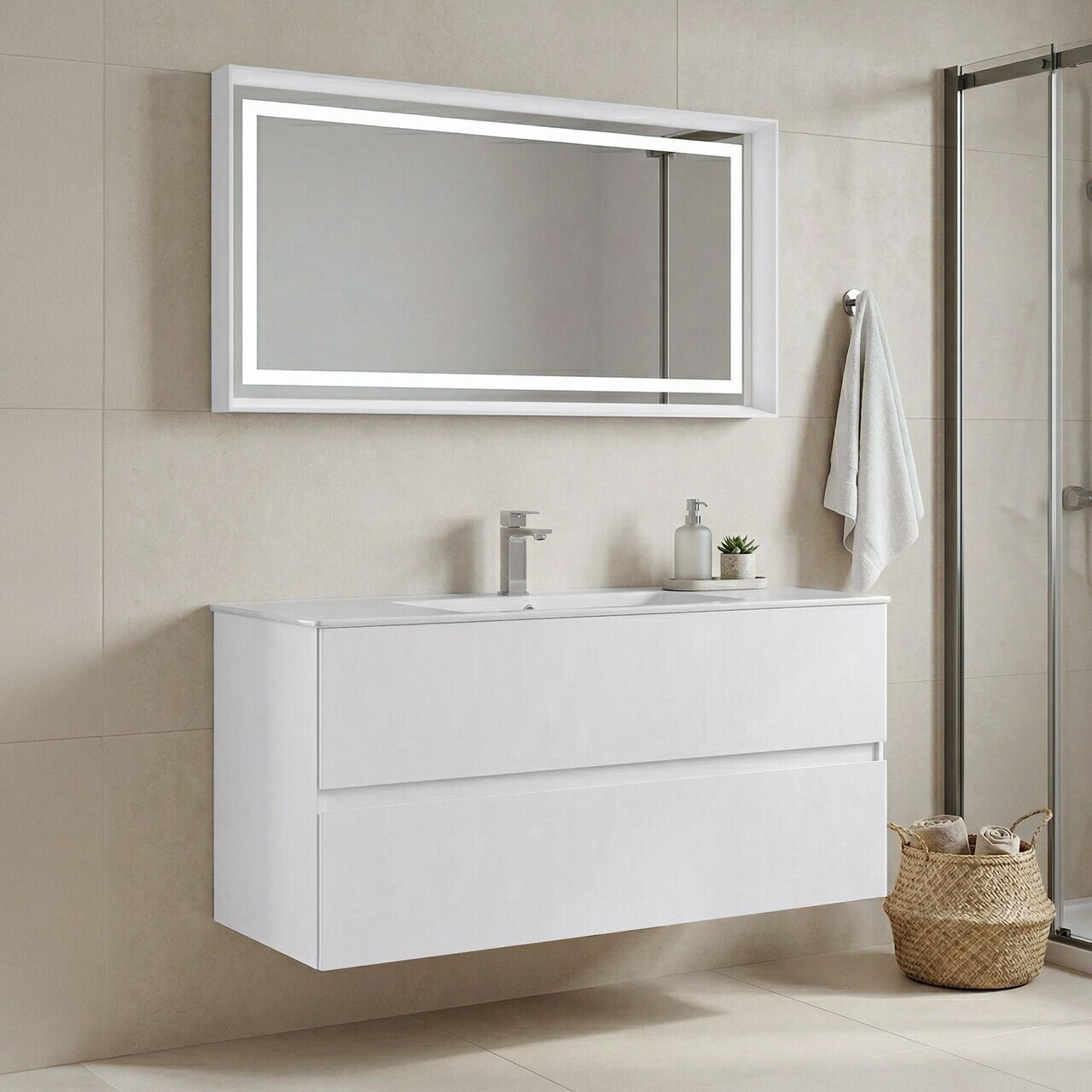 Set Dulap de Baie cu Chiuvetă și Oglindă (2 Piese), Hanah Home, Nest 121 v2, Alb mat
