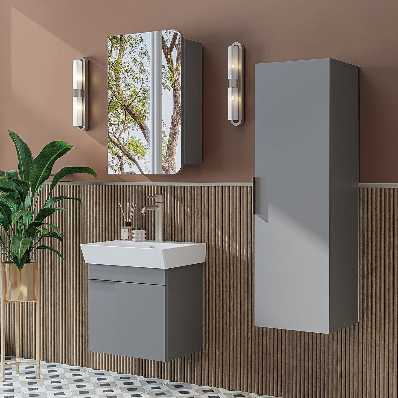 Set Dulap de Baie cu Chiuvetă și Oglindă (3 Piese), Hanah Home, 2931, PAL MELAMINAT, Frasin