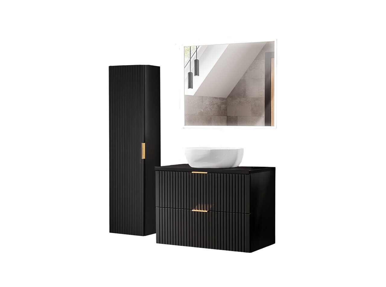 Set mobilier Adel Black Smile 80 cm, dulap inalt, masca cu lavoar si oglinda, Comad, MDF/PAL, negru - view 2