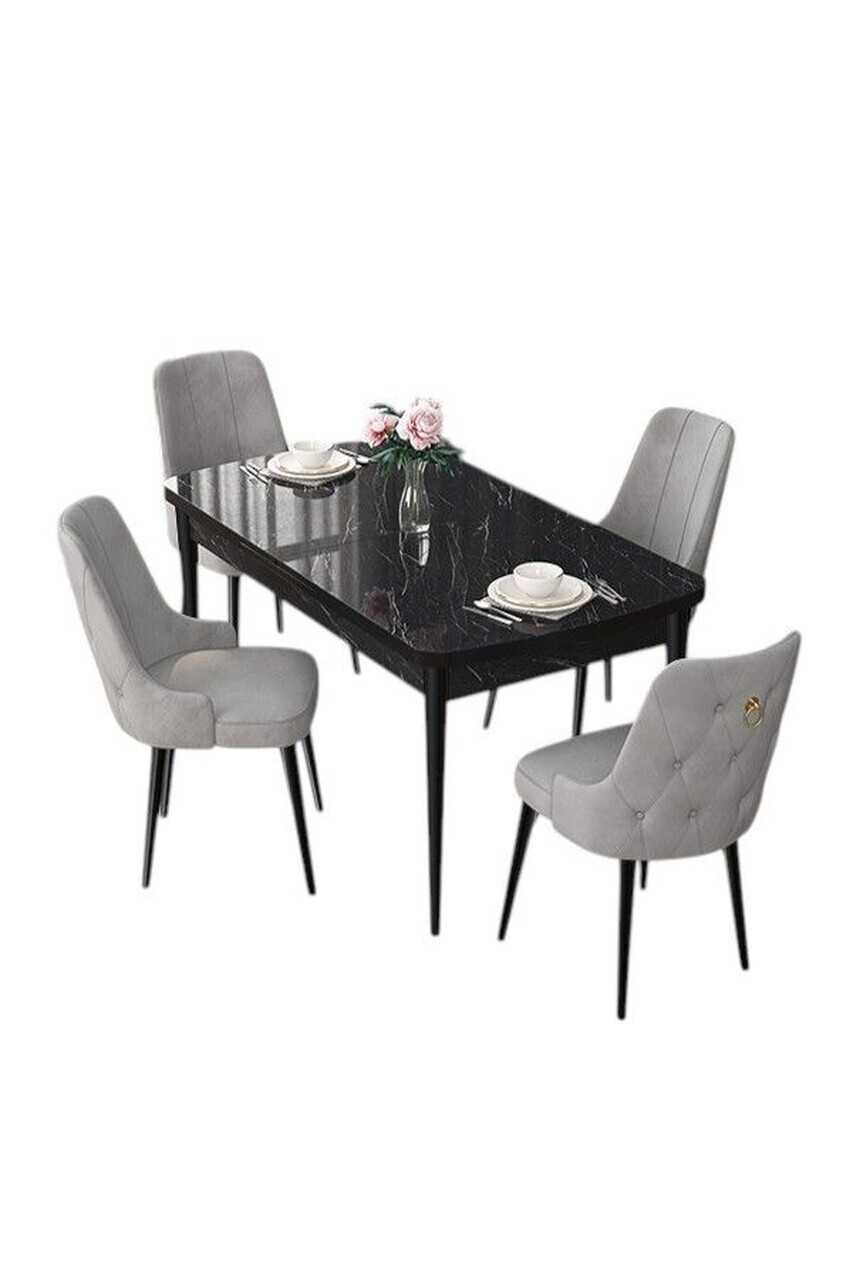Set masa extensibila si scaune (5 piese), Hanah Home, Nex, Model de marmură neagră / Gri — imaginea 2