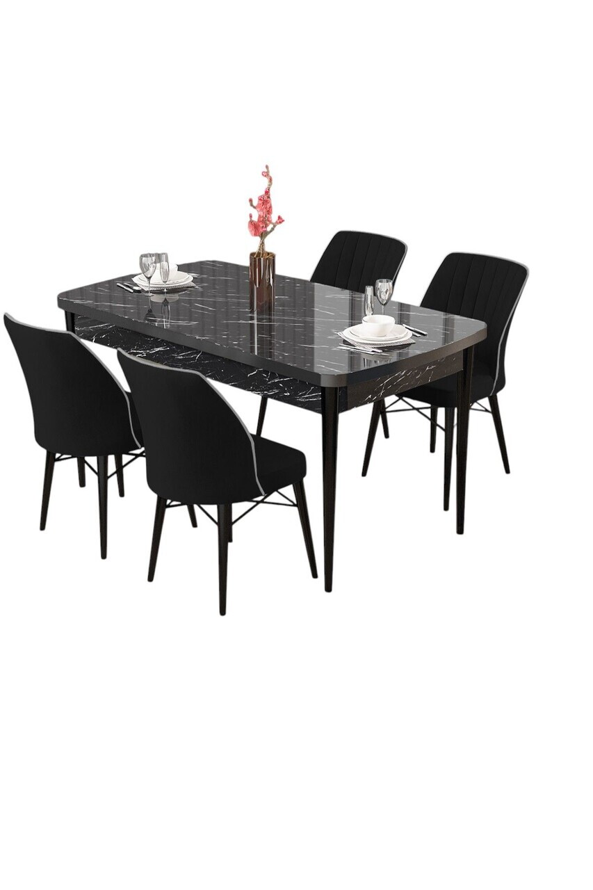 Set masa si scaune (5 piese), Hanah Home, Radde, Model de marmură neagră / Negru — imaginea 2