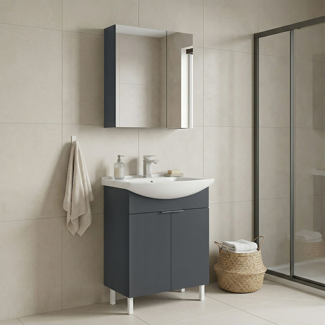 Set Dulap de Baie cu Chiuvetă și Oglindă (2 Piese), Hanah Home, Purus 65, Antracit mat — imaginea 2