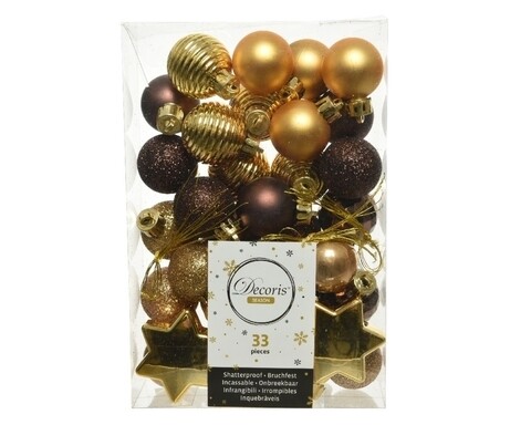 Cutie cu 33 globuri asortate Wild Glam, Decoris, plastic, maro/auriu