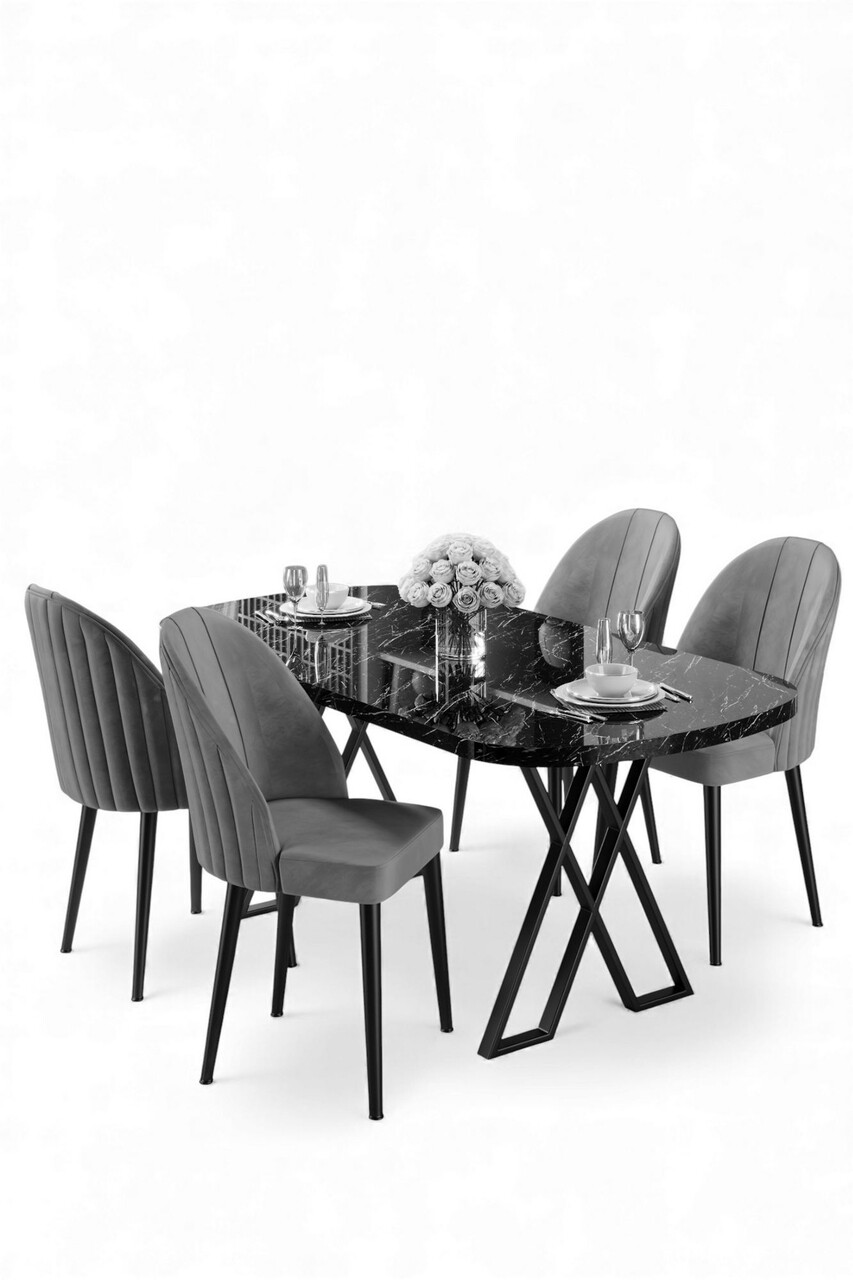 Set masă și scaune (5 bucăți), Hanah Home, Kaye, Marmură neagră / Gri - view 2