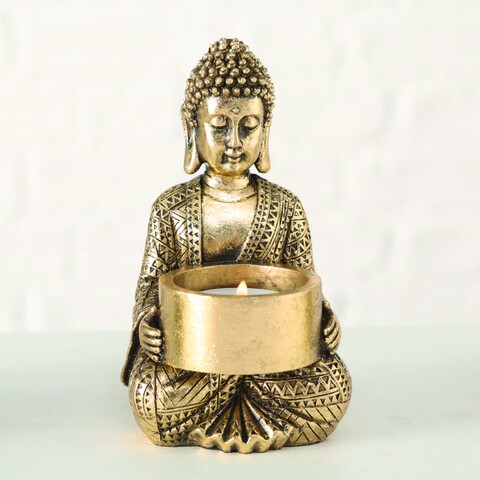 Suport pentru lumanari Jarven Buddha V2, Boltze, 8x14 cm, polirasina, auriu image2