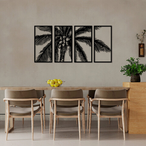 Decoratiune de perete, coconut tree, metal, 34 x 70 cm, 4 piese, negru