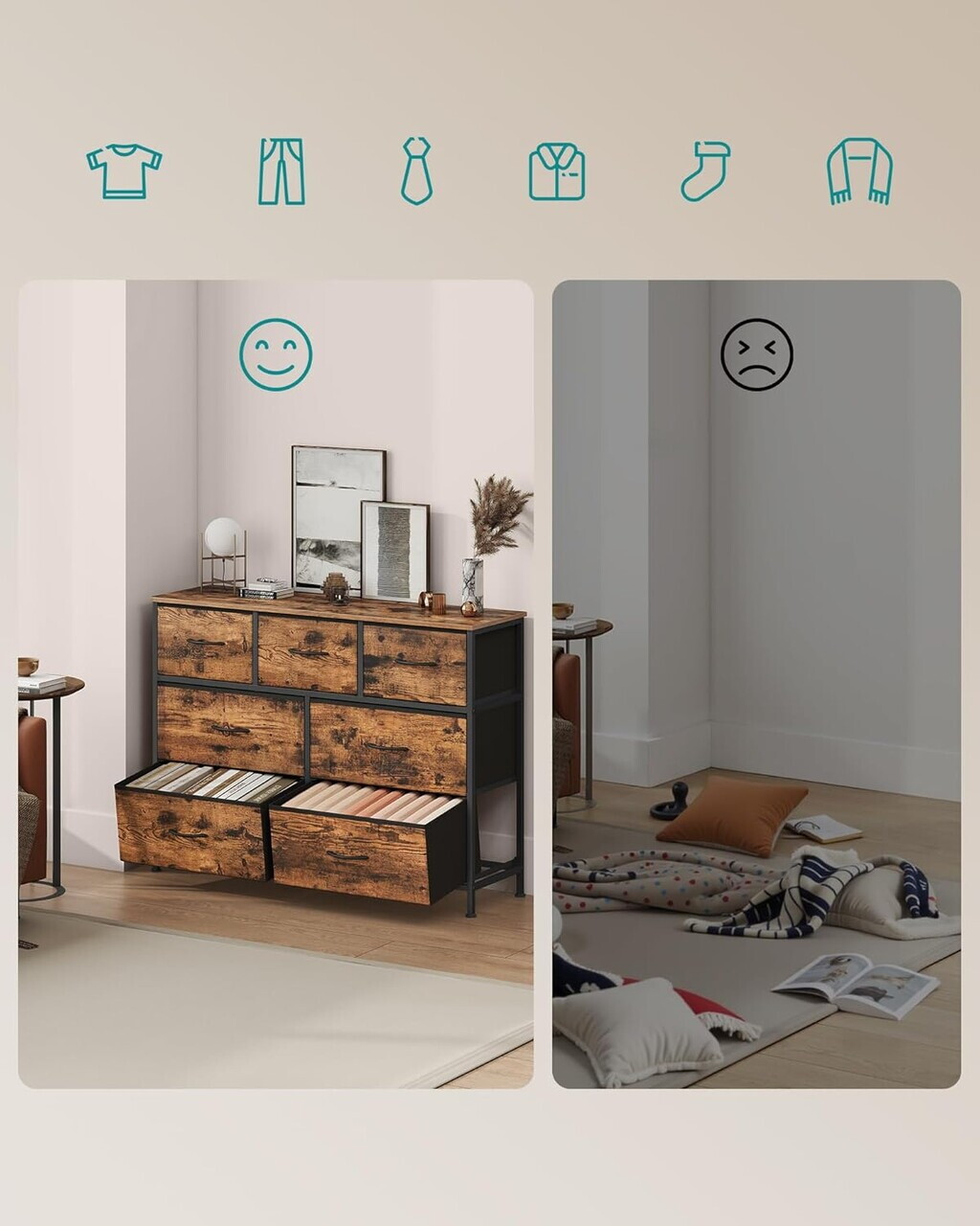 Comoda cu 7 sertare, Songmics, otel, 98.8x30x73.7 cm, maro rustic/negru - imagine 7