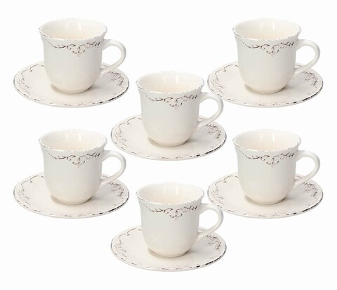 Set 6 cesti cu farfurie, Tognana, Shabby Siena, 250 ml, ceramica, alb