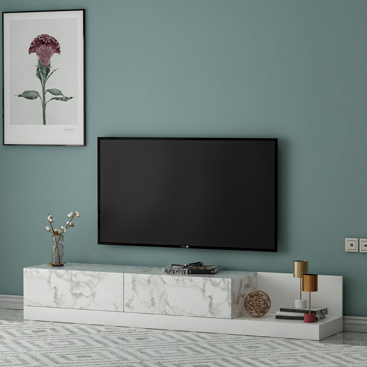 Comoda TV, Hanah Home, Major, 180x30x37 cm, PAL, Marmură Marmo / Alb — imaginea 2