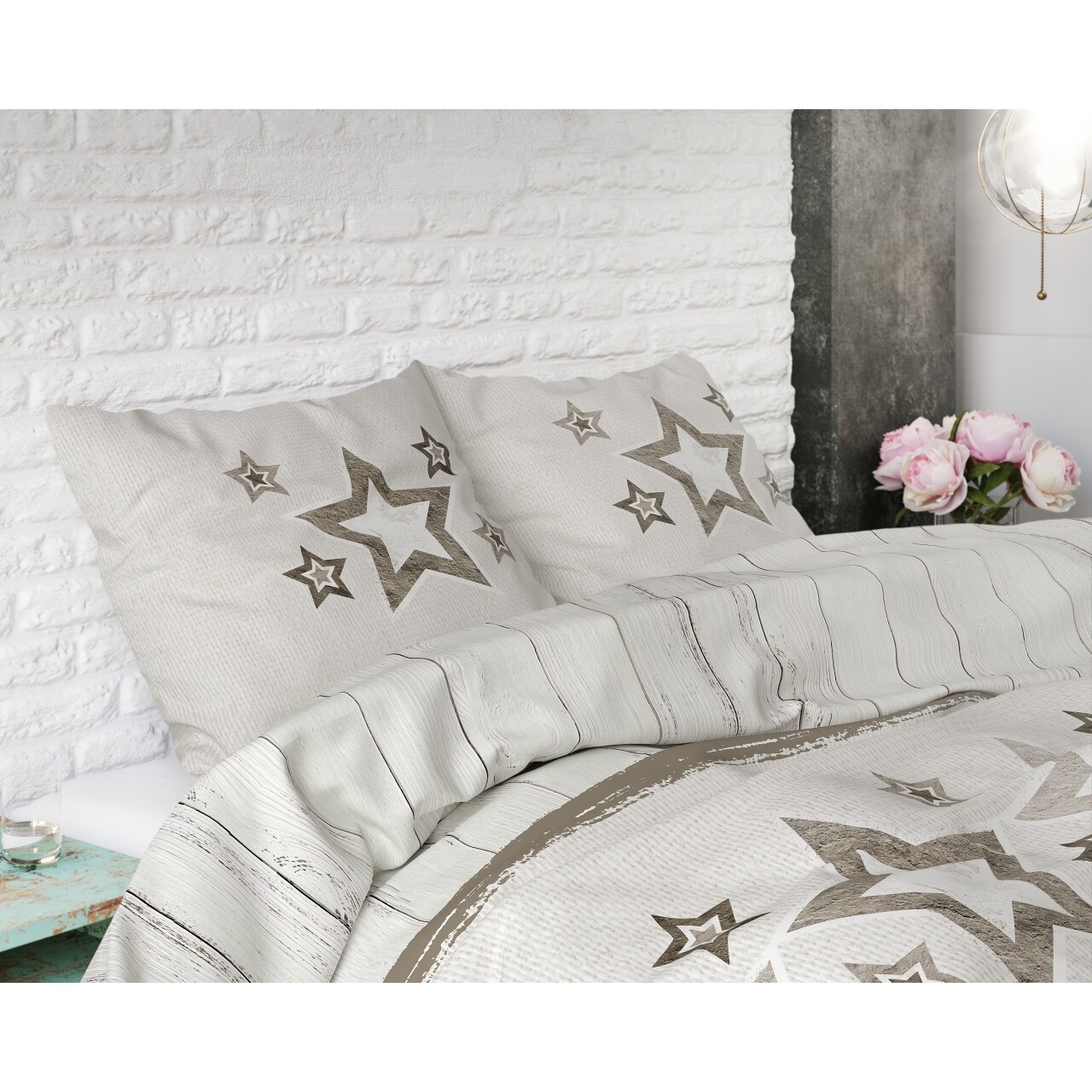 Lenjerie De Pat Pentru Doua Persoane Stars And Stars Taupe, Sleeptime,  Amestec Bumbac