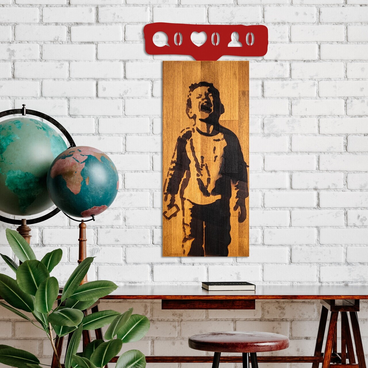 Decoratiune de perete, Banksy, Lățime: 36 cm Înălțime: 69 cm Adâncime: 3 cm, Nuc / Roșu — imaginea 2