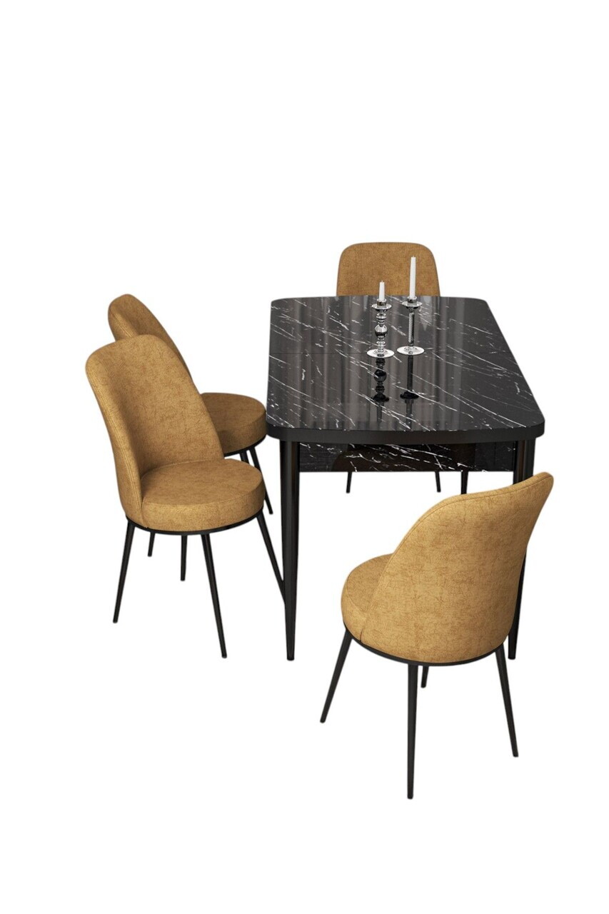 Set masa extensibila si scaune (5 piese), Hanah Home, Via, Model de marmură neagră / Cappuccino — imaginea 2