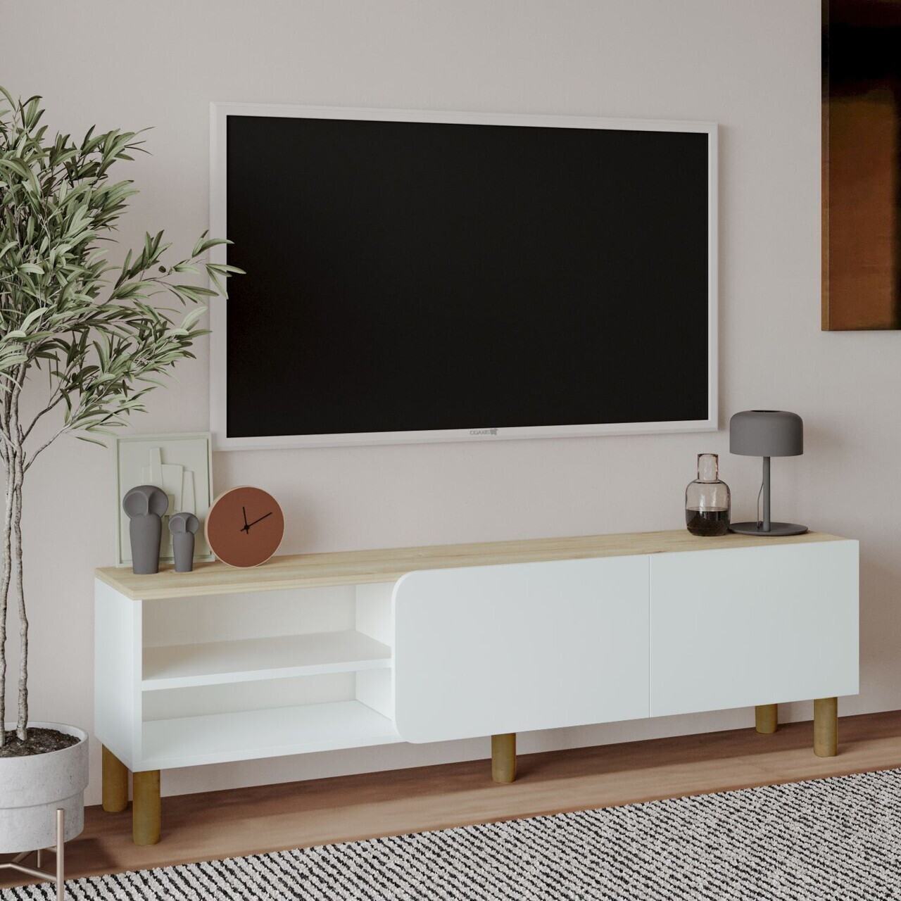 Comoda TV, Hanah Home, River, 150x48.2x31.4 cm, PAL, Stejar alb / safir — imaginea 2
