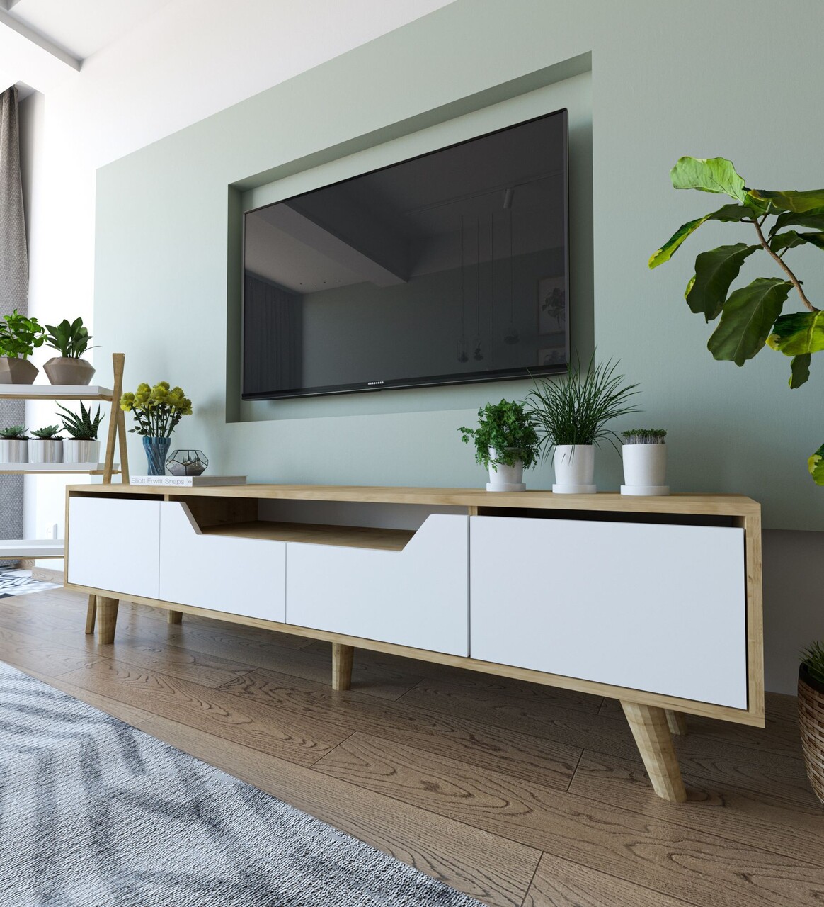 Comoda TV, Hanah Home, Roma 180, 180x48x29.8 cm, PAL, Stejar Safir / Alb - imagine 2