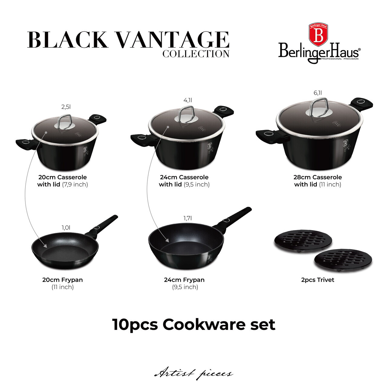 Set pentru gatit Berlinger Haus, Black Vantage, 10 piese, aluminiu forjat, negru lucios - imagine 8