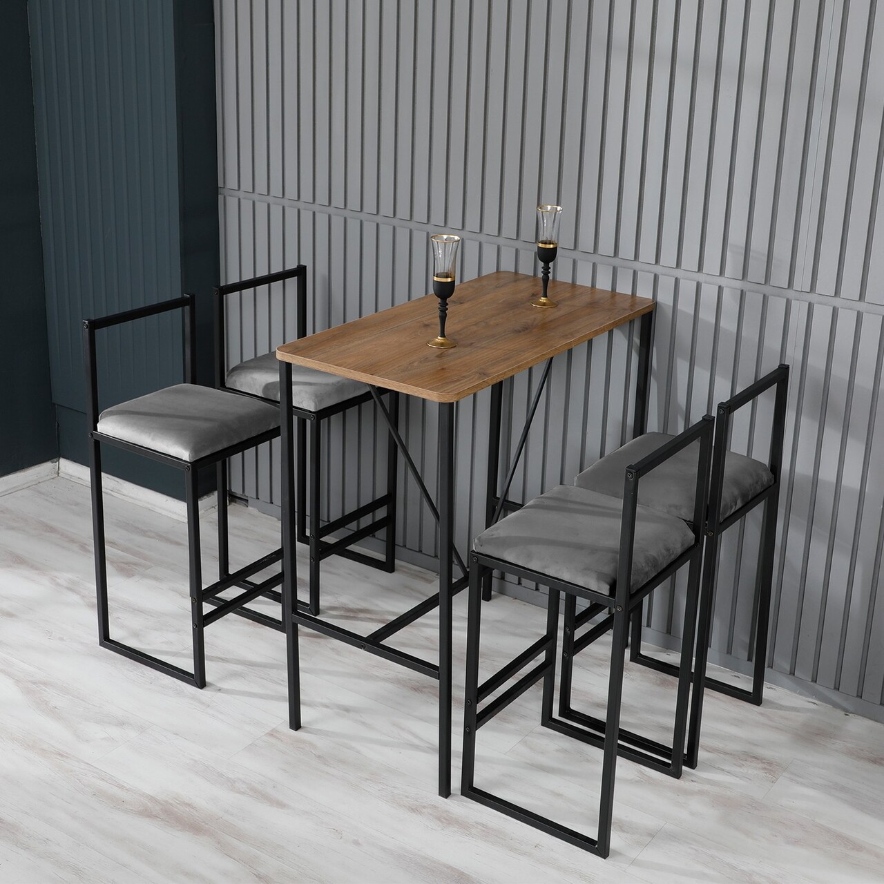 Set masa si 4 scaune de bar, Hanah Home, Nordic, Fumuriu / Nuc / Negru - view 2