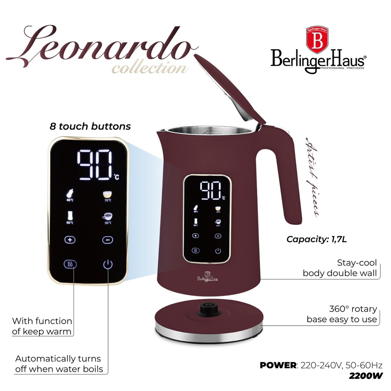 Ceainic electric digital Berlinger Haus, Leonardo, 1.7 L, plastic/inox, visiniu mat - imagine 8