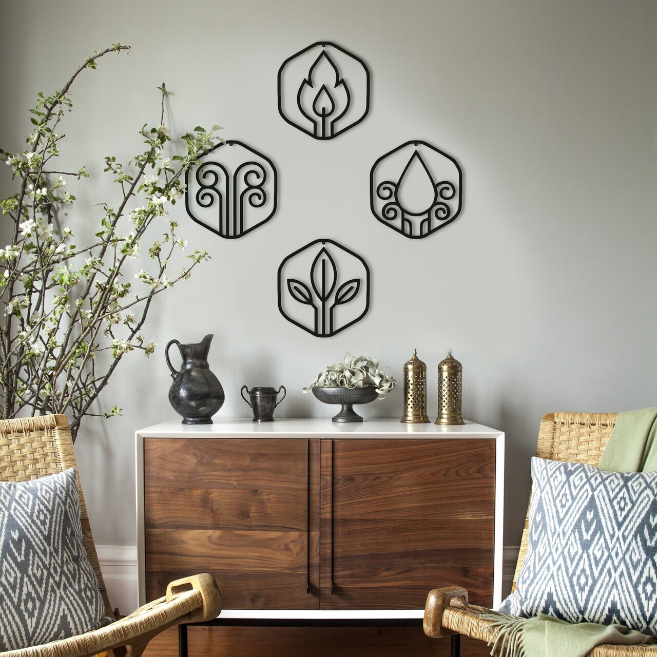Set de accesorii decorative de perete din metal, DK-ELT-004, Dimensiune: 38 x 40 x 0,15 cm (4 bucăți), Negru