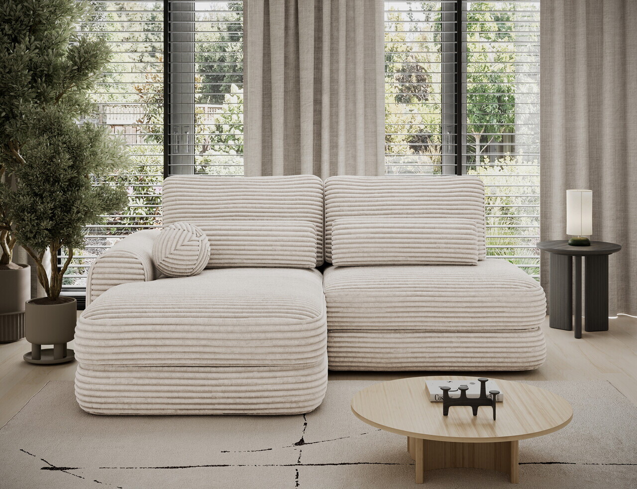 Coltar extensibil stanga 3 locuri ELTAP, Ripeli, 217x175x96 cm, lemn/catifea din poliester, alb — imaginea 3