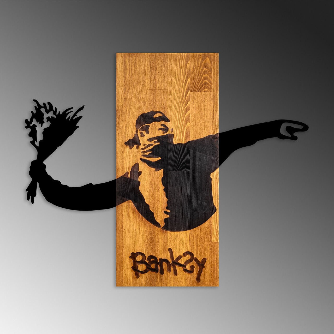 Decoratiune de perete, Banksy, Lățime: 69 cm Înălțime: 58 cm Adâncime: 3 cm, Nuc / Negru - view 6