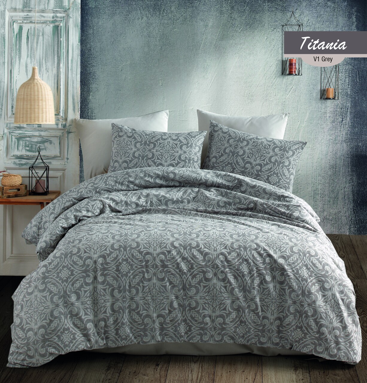 Lenjerie De Pat Dubla Titania V2, Majoli Home Collection, 4 Piese, 240x260 Cm, Bumbac Ranforce, Gri