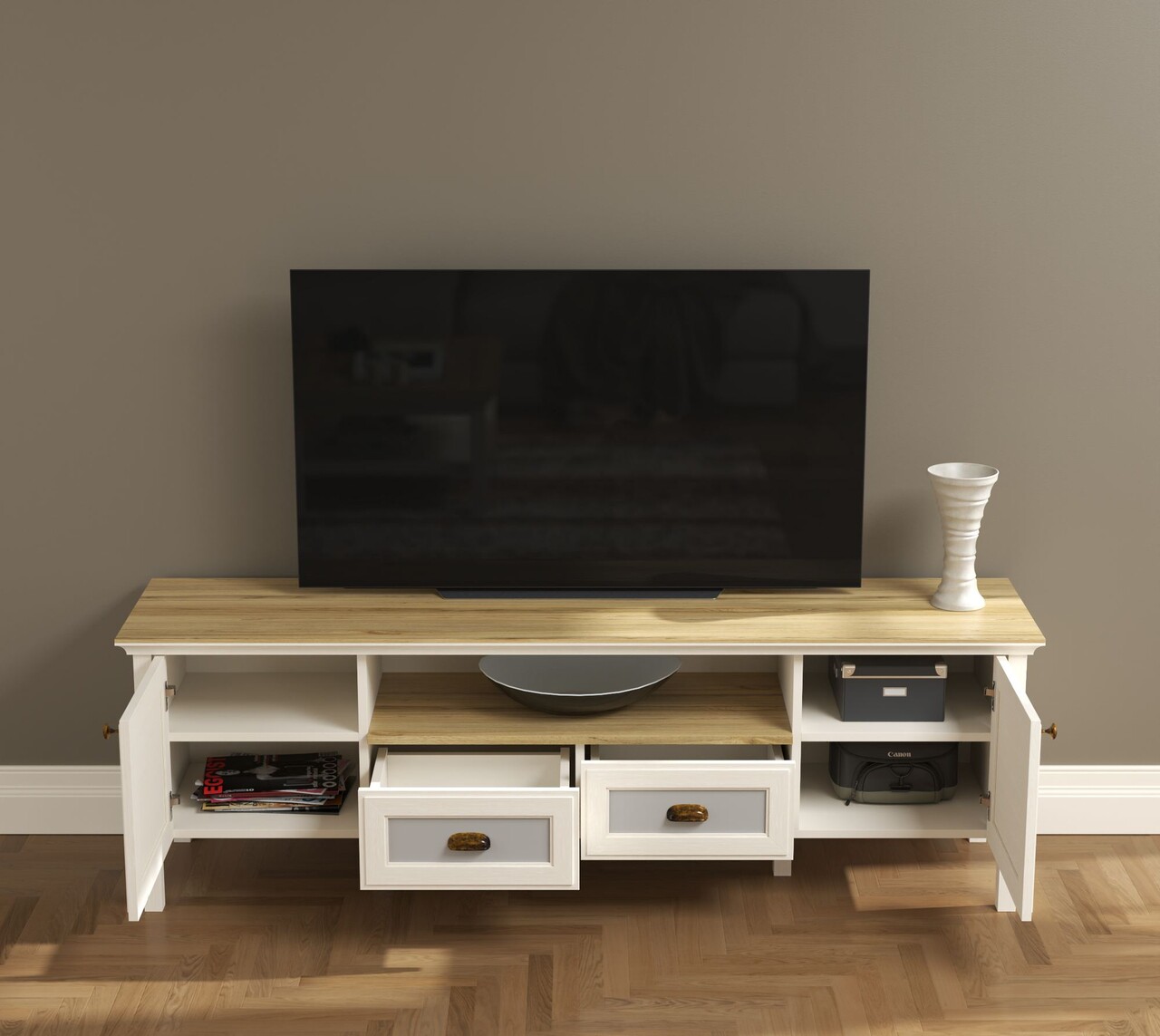 Comoda TV, Hanah Home, FRN-21011, 180.9x58x44.2 cm, PAL, Crem / Stejar / Gri - view 3