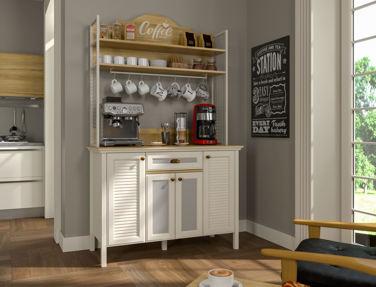 Dulap de bar pentru cafea, Hanah Home, FRN-21027-1, 125.4x210.3x52.1 cm, PAL, Crem / Stejar / Alb