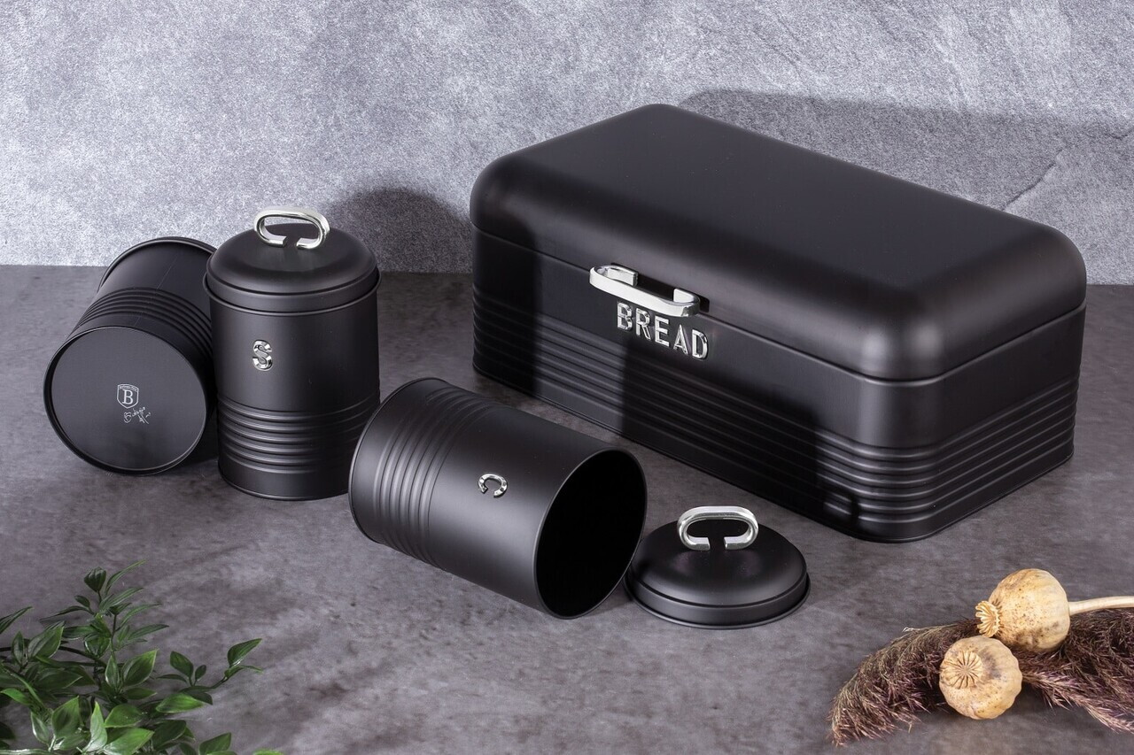 Set cutie pentru paine si 3 recipiente Berlinger Haus, Matte Black, 42.5x23x16 cm, otel carbon, negru