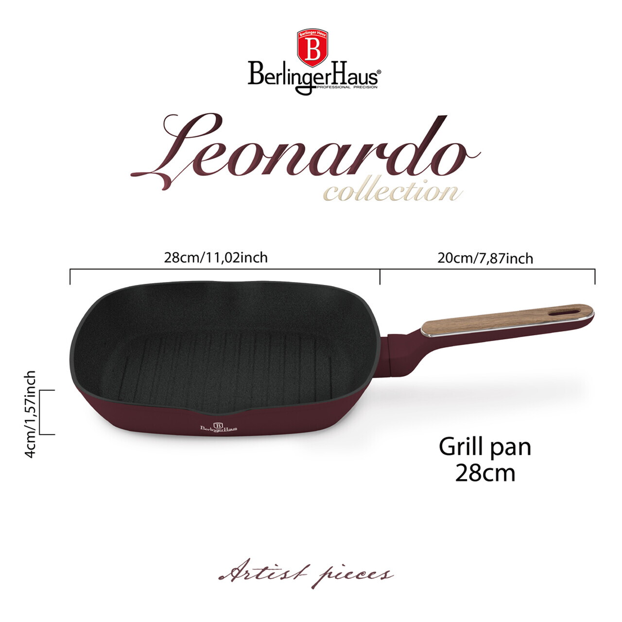 Tigaie grill Berlinger Haus, Leonardo Nordic, 28 cm, 2.1 L, aluminiu forjat, visiniu mat - imagine 11
