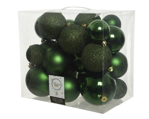 Cutie cu 26 globuri asortate Plain mix, Decoris, plastic, verde pin