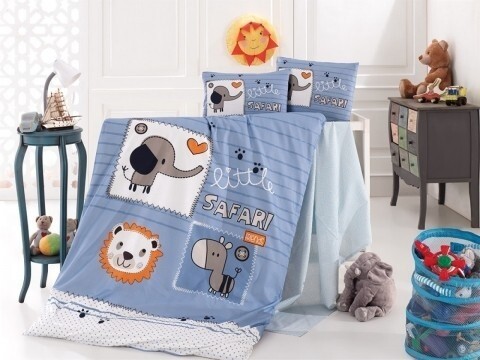 Lenjerie de pat pentru copii, 4 piese, 100% bumbac ranforce, Nazenin Home, Safari, albastru