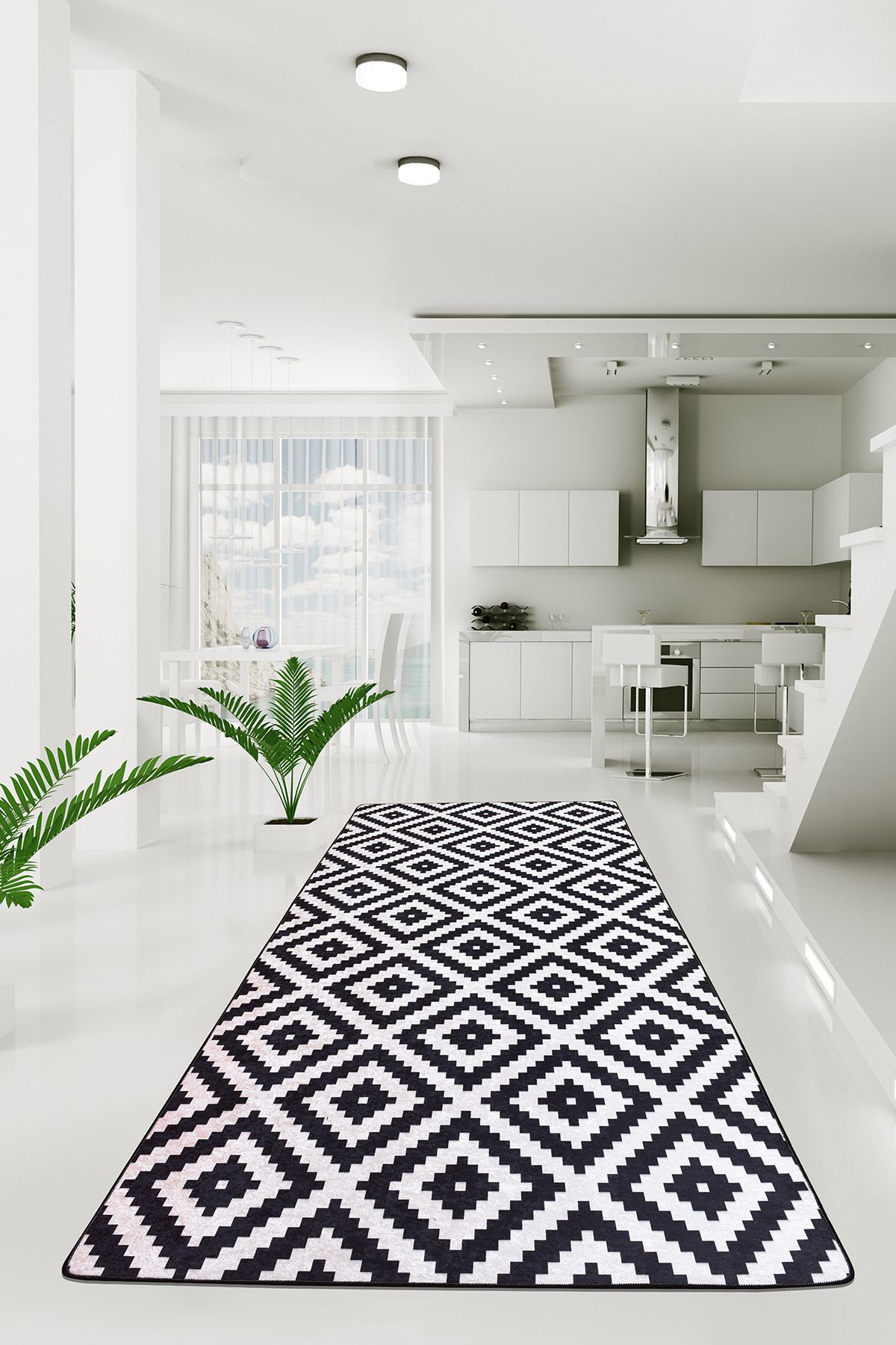 Covor, Black White Djt, 80x300 cm, Alb/Negru