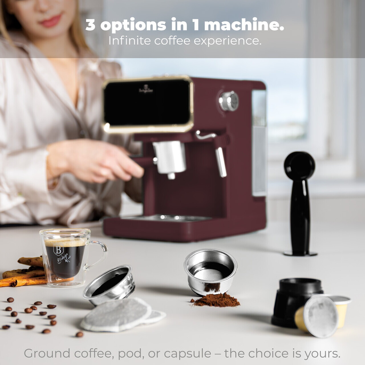 Espressor digital 3 in 1 Berlinger Haus, Leonardo, 950W, 21x25.9x28 cm, inox, visiniu mat - view 9
