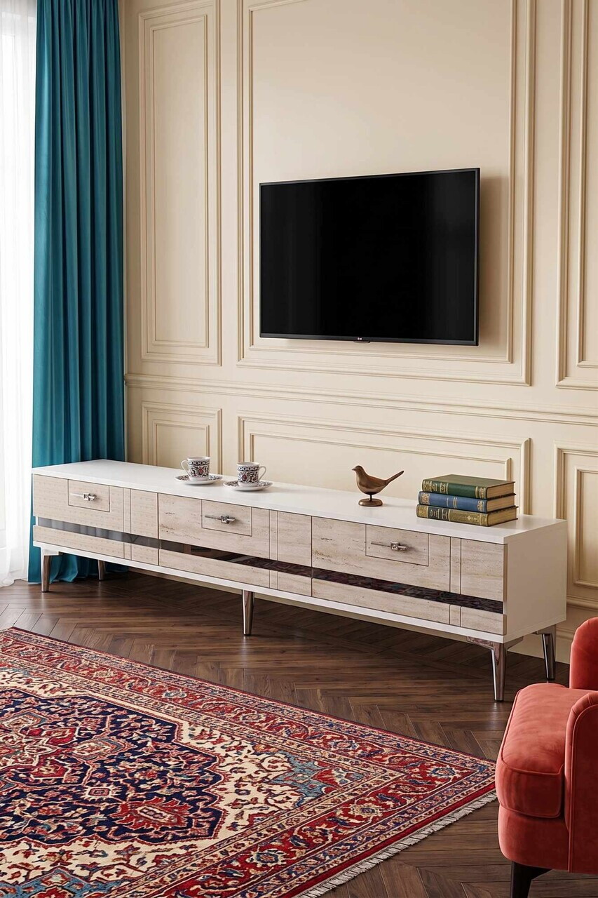 Comoda TV, Hanah Home, Ilay, 180x41x30 cm, White / Travertine / Silver