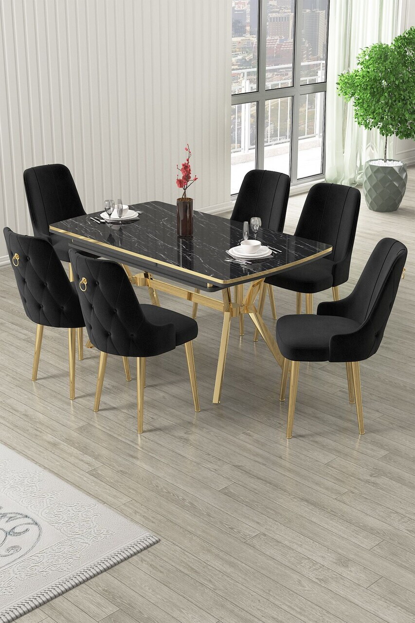 Set masa extensibila si scaune (7 piese), Hanah Home, Nis, Model de marmură neagră / Auriu / Negru