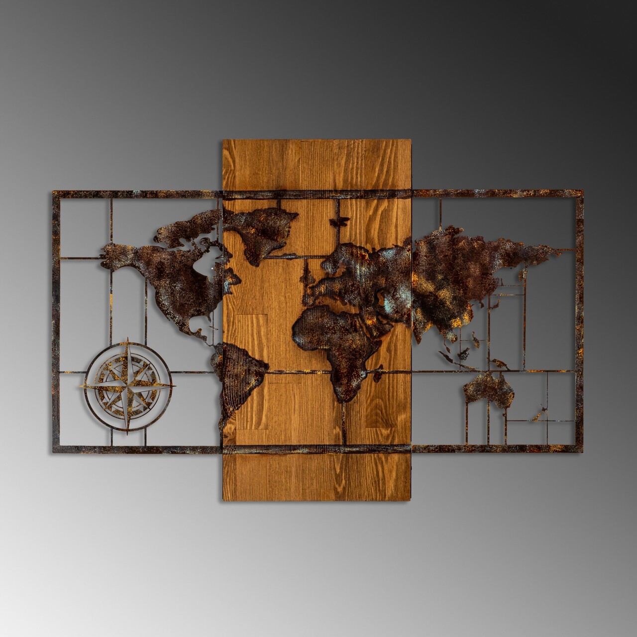Decoratiune de perete, World Map With Compass 5, Dimensiuni: 58 x 85 cm, Nuc / Maro - view 4