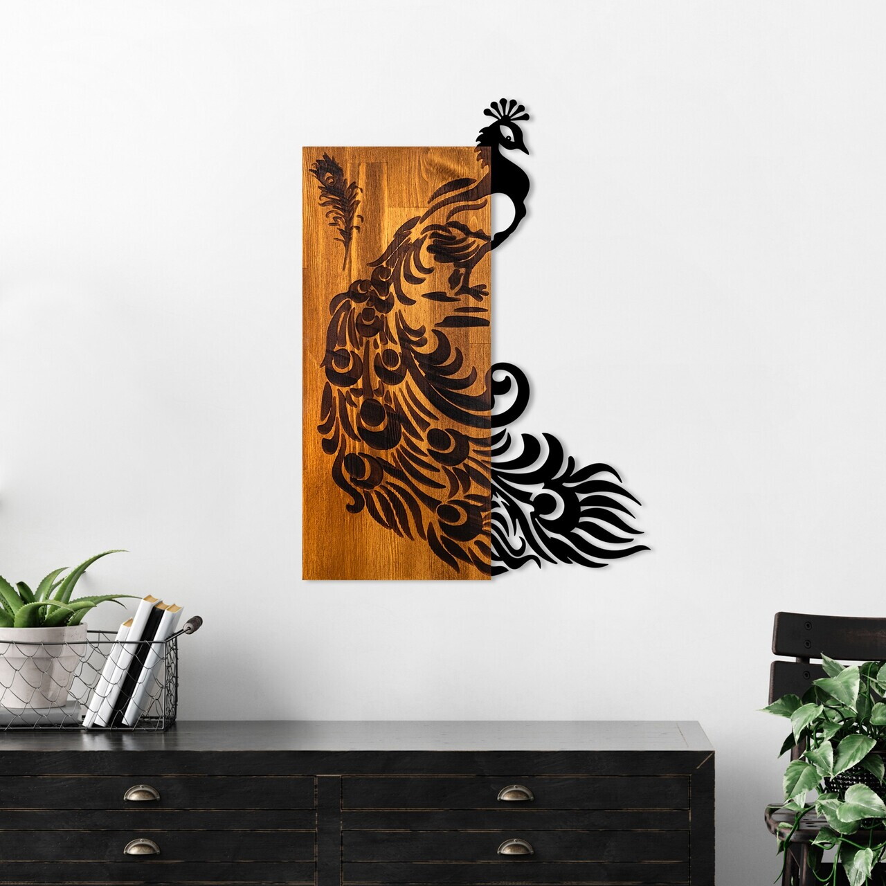 Decoratiune de perete, Peacock, Lățime: 47 cm Înălțime: 65 cm Adâncime: 3 cm, Nuc / Negru — imaginea 2