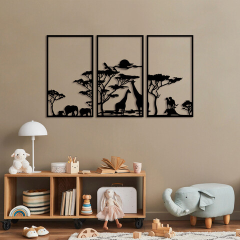 Decoratiune de perete, serengeti, metal, 40 x 69 cm, 3 piese, negru