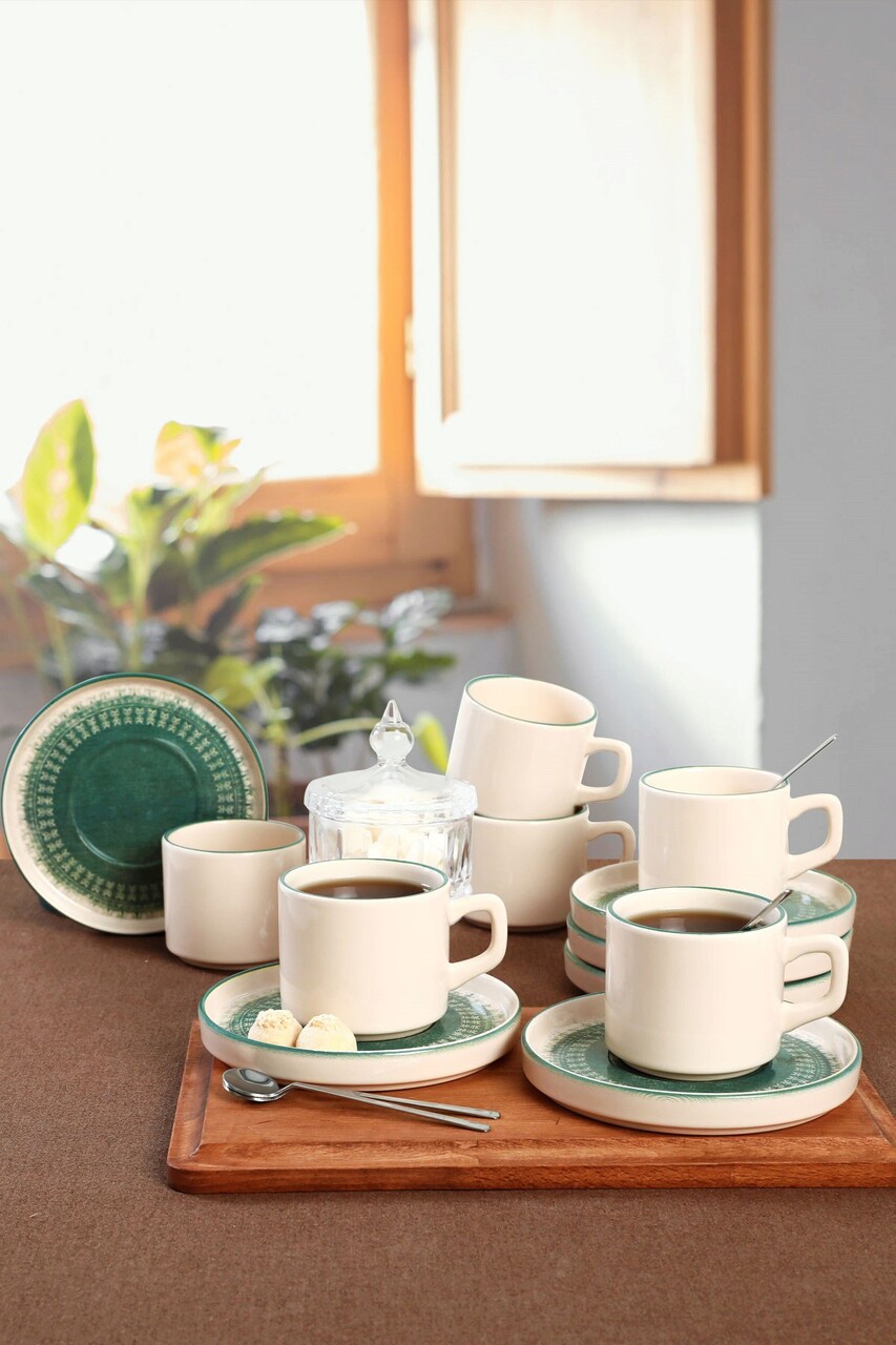 Set pentru ceai, Keramika, 275KRM1869, Ceramica , Nu absoarbe apa, Alb/Verde - 1 | YEO