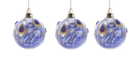 Set 3 globuri Peacock lametta gem, Decoris, Ø8 cm, sticla, albastru