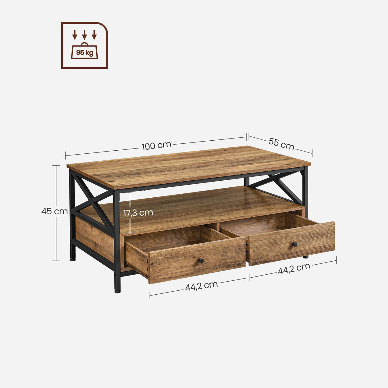 Masuta de cafea cu 2 sertare, Vasagle, Industrial X-Struts, 100x55x45 - 2 | YEO