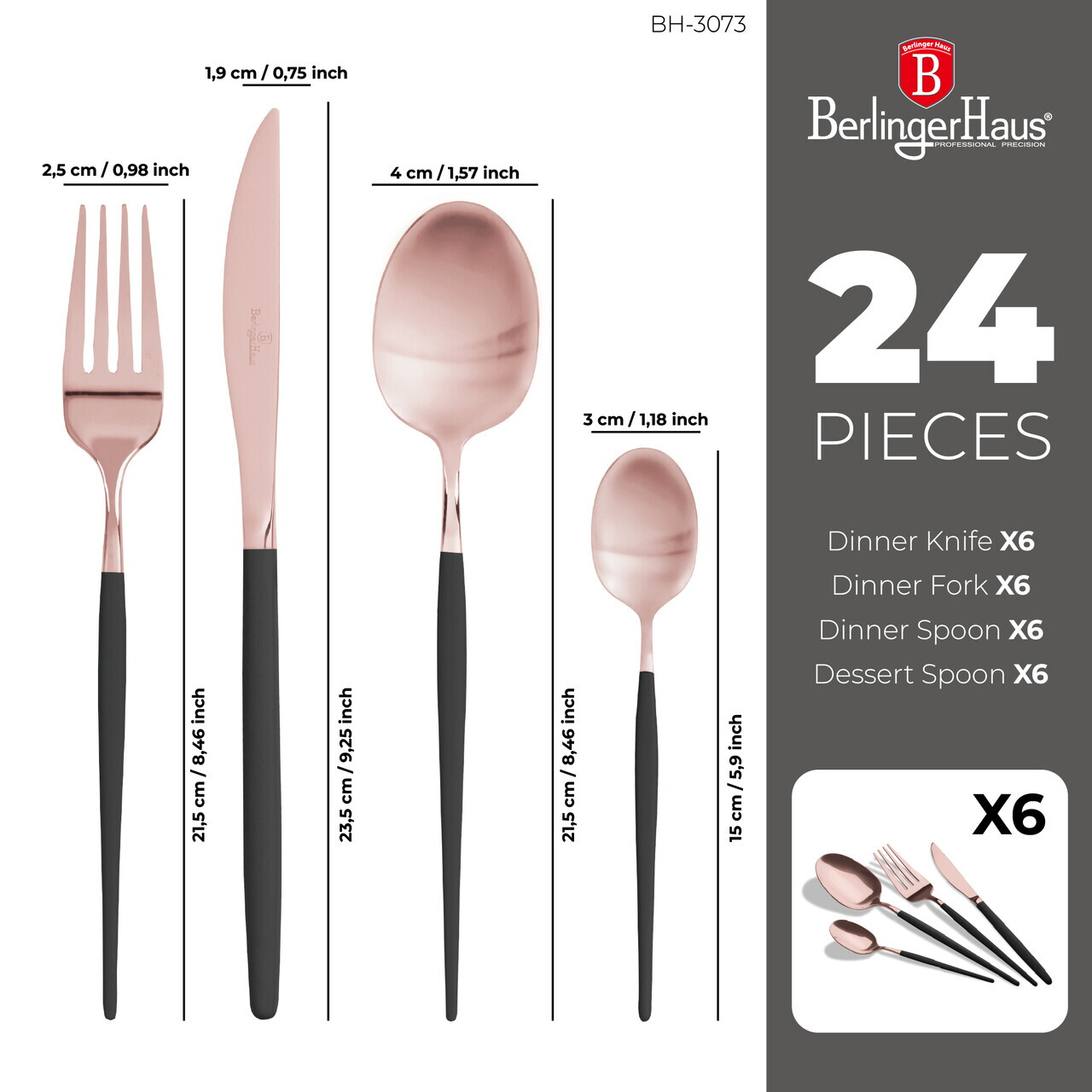 Set tacamuri 24 piese Berlinger Haus, Cutlery, inox, negru/roz - imagine 15